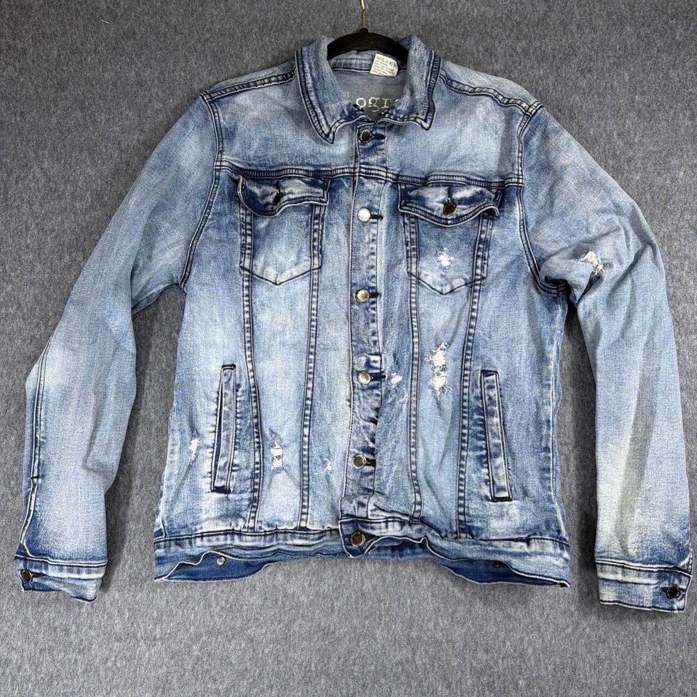Kilogram Jean Jacket‎ Mens Large Y2K Distressed Faded Blues From Light To Dark